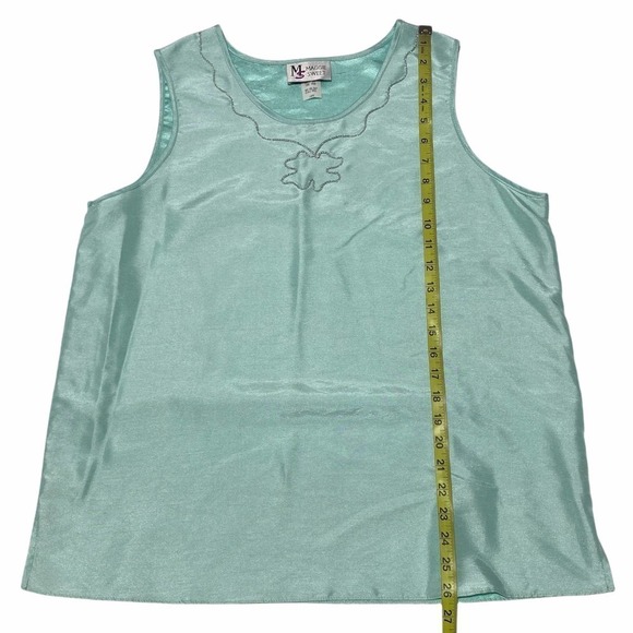 MAGGIE Sweet Turquoise Blue Sleeveless Embroidered Silky Blouse Large - Picture 6 of 11